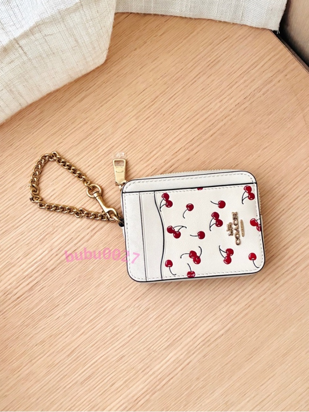 NWT🍒Coach Zip Card Case With Cherry Print CFA38 Chalk Red Chain Wallet Coin